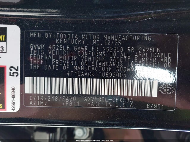 Продажа на аукционе авто 2026 Toyota Camry Se, vin: 4T1DAACK1TU692005, номер лота: 44853645