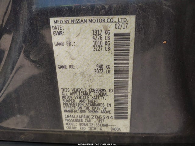 2017 Nissan Altima 2.5 Sv მანქანა იყიდება აუქციონზე, vin: 1N4AL3AP4HC206544, აუქციონის ნომერი: 44853654