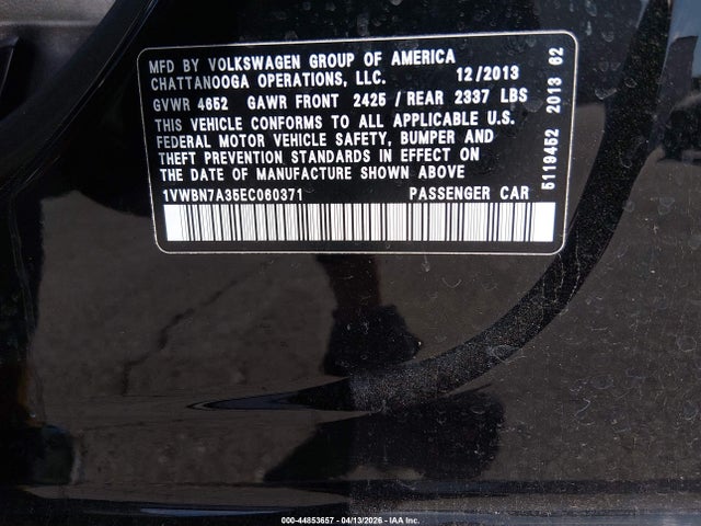 Продаж на аукціоні авто 2014 Volkswagen Passat 2.0l Tdi Se, vin: 1VWBN7A35EC060371, номер лоту: 44853657
