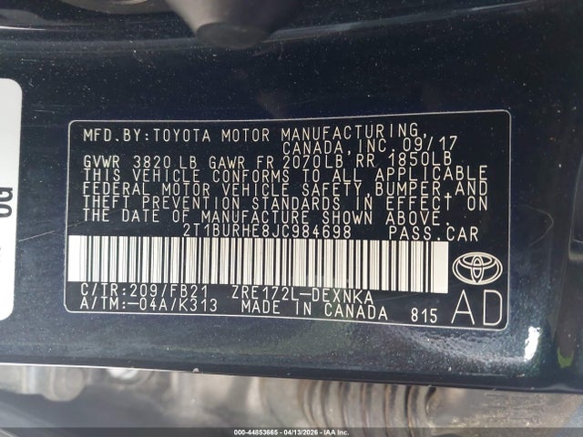 Продажа на аукционе авто 2018 Toyota Corolla Le, vin: 2T1BURHE8JC984698, номер лота: 44853665