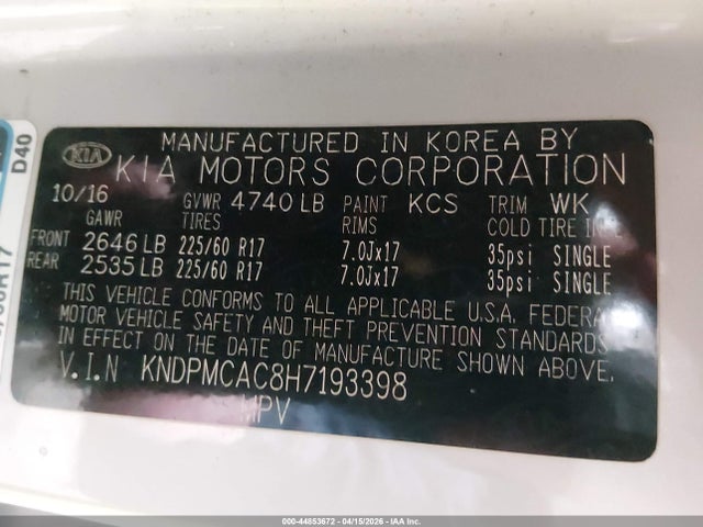 44853672 :رقم المزاد ، KNDPMCAC8H7193398 vin ، 2017 Kia Sportage Lx مزاد بيع