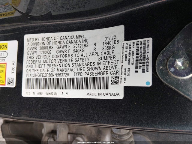 Aukcja sprzedaży 2022 Honda Civic Sport, vin: 2HGFE2F56NH563729, numer aukcji: 44853695
