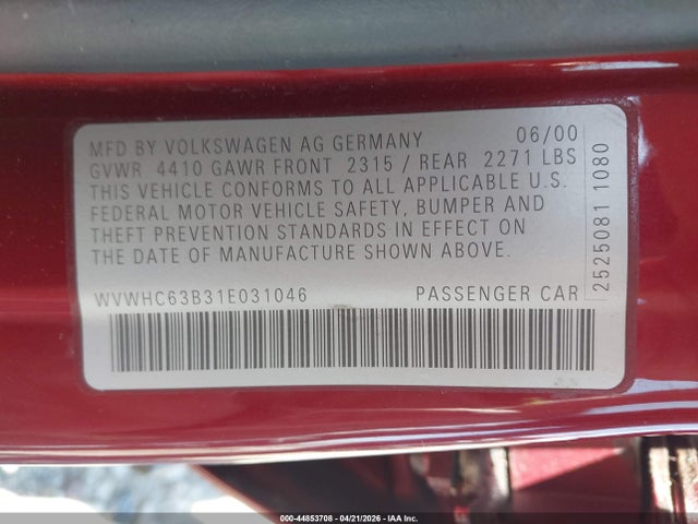 44853708 :رقم المزاد ، WVWHC63B31E031046 vin ، 2001 Volkswagen Passat Gls مزاد بيع