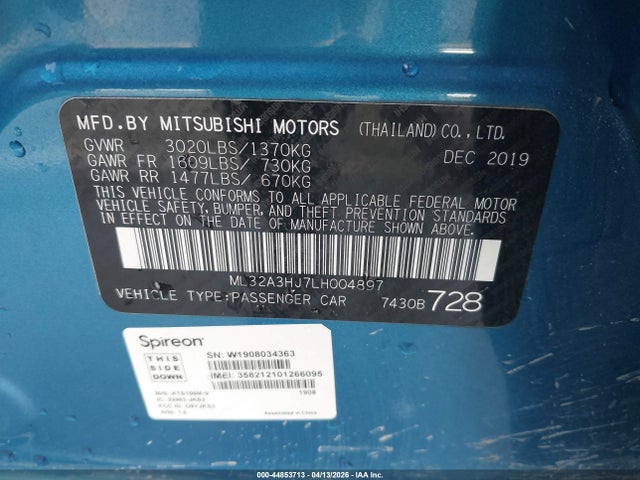 Aukcja sprzedaży 2020 Mitsubishi Mirage Es, vin: ML32A3HJ7LH004897, numer aukcji: 44853713