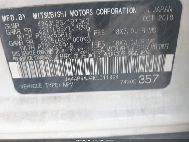 44853725 :رقم المزاد ، JA4AP4AU4KU011324 vin ، 2019 Mitsubishi Outlander Sport 2.0 Se مزاد بيع
