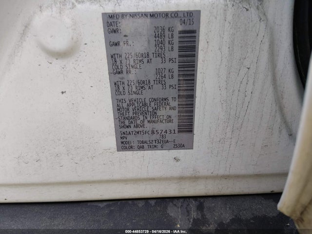 Продаж на аукціоні авто 2015 Nissan Rogue Sl, vin: 5N1AT2MT5FC857431, номер лоту: 44853729