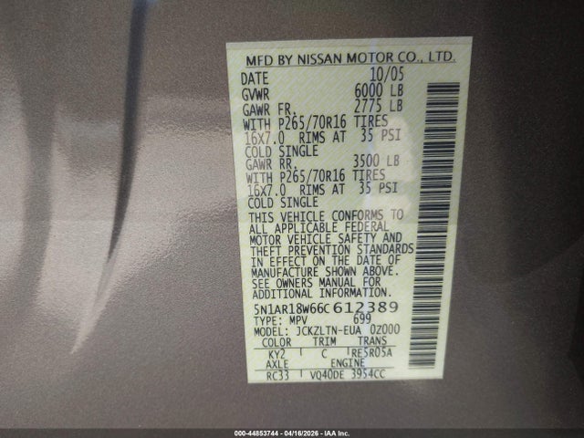 44853744 :رقم المزاد ، 5N1AR18W66C612389 vin ، 2006 Nissan Pathfinder Se مزاد بيع
