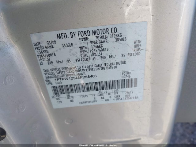 Aukcja sprzedaży 2008 Ford F-150 60th Anniversary/fx2/king Ranch/lariat/limited/xlt, vin: 1FTPW12548FB68468, numer aukcji: 44853746