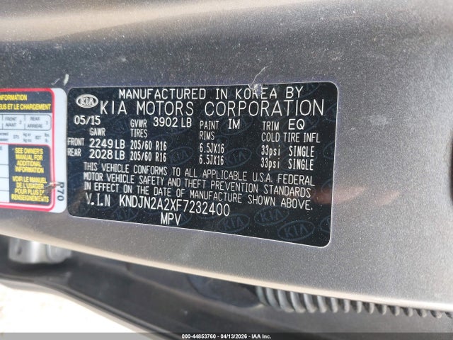 2015 Kia Soul მანქანა იყიდება აუქციონზე, vin: KNDJN2A2XF7232400, აუქციონის ნომერი: 44853760
