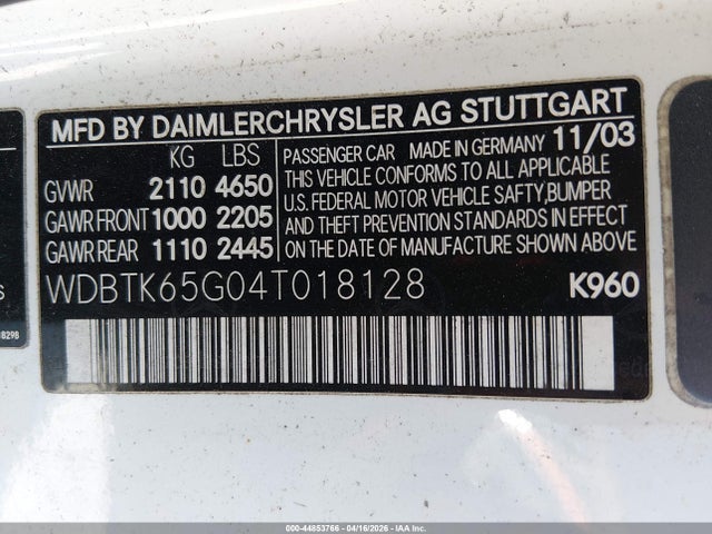 Aukcja sprzedaży 2004 Mercedes-benz Clk 320, vin: WDBTK65G04T018128, numer aukcji: 44853766