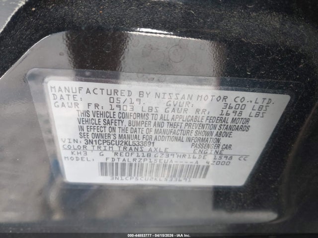 44853777 :رقم المزاد ، 3N1CP5CU2KL533691 vin ، 2019 Nissan Kicks S مزاد بيع