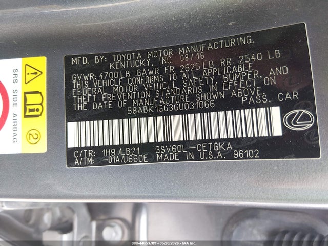 44853783 :رقم المزاد ، 58ABK1GG3GU031066 vin ، 2016 Lexus Es 350 مزاد بيع