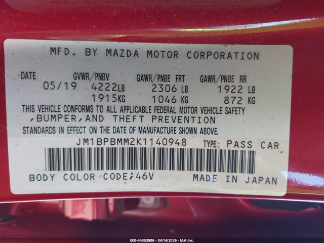 2019 Mazda Mazda3 Preferred Package მანქანა იყიდება აუქციონზე, vin: JM1BPBMM2K1140948, აუქციონის ნომერი: 44853806