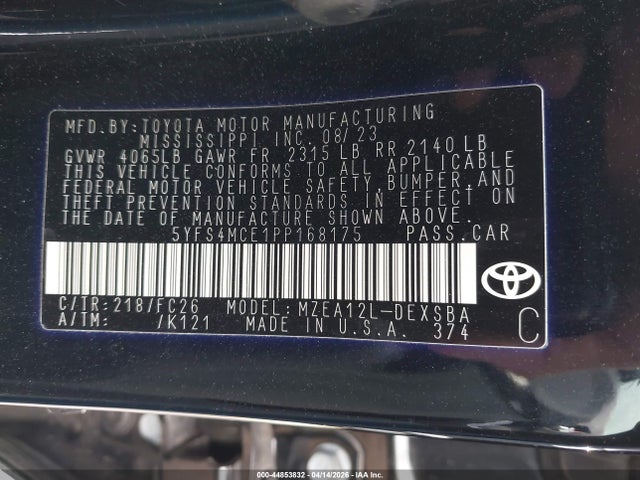 2023 Toyota Corolla Se მანქანა იყიდება აუქციონზე, vin: 5YFS4MCE1PP168175, აუქციონის ნომერი: 44853832