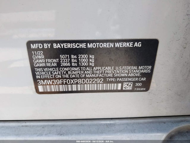 2023 Bmw 330e მანქანა იყიდება აუქციონზე, vin: 3MW39FF0XP8D02292, აუქციონის ნომერი: 44853836