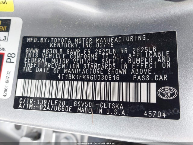 Продажа на аукционе авто 2016 Toyota Camry Xse V6, vin: 4T1BK1FK8GU030816, номер лота: 44853859