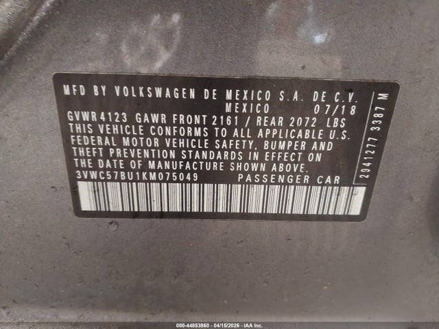 2019 Volkswagen Jetta 1.4t R-line/1.4t S/1.4t Se მანქანა იყიდება აუქციონზე, vin: 3VWC57BU1KM075049, აუქციონის ნომერი: 44853860