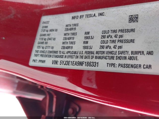 Aukcja sprzedaży 2022 Tesla Model 3 Rear-wheel Drive, vin: 5YJ3E1EA9NF186331, numer aukcji: 44853864