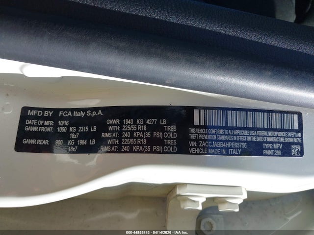 Продажа на аукционе авто 2017 Jeep Renegade Altitude Fwd, vin: ZACCJABB4HPE65756, номер лота: 44853883