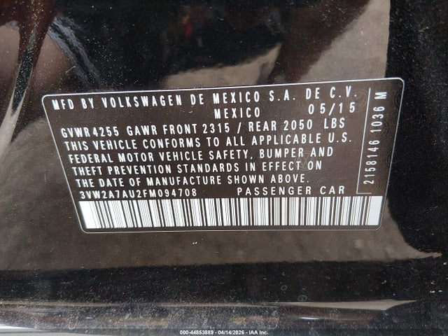 44853889 :رقم المزاد ، 3VW2A7AU2FM094708 vin ، 2015 Volkswagen Golf Tdi S 4-door مزاد بيع
