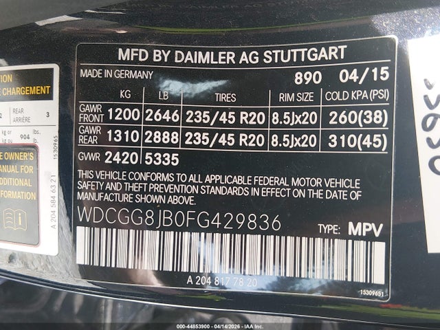 Aukcja sprzedaży 2015 Mercedes-benz Glk 350 4matic, vin: WDCGG8JB0FG429836, numer aukcji: 44853900