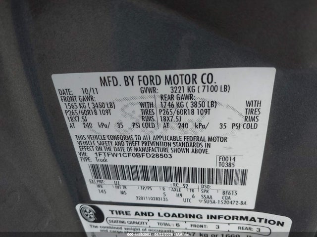 Продажа на аукционе авто 2011 Ford F-150 Xlt, vin: 1FTFW1CF0BFD28503, номер лота: 44853903