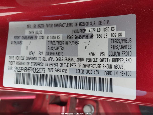 44853908 :رقم المزاد ، 3MZBPABM6PM362073 vin ، 2023 Mazda Mazda3 2.5 S Select مزاد بيع
