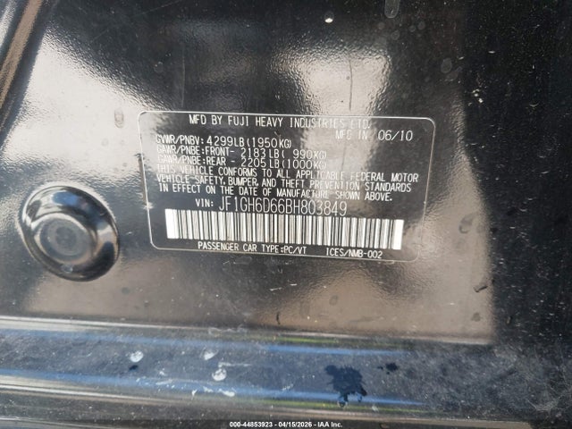 44853923 :رقم المزاد ، JF1GH6D66BH803849 vin ، 2011 Subaru Impreza Outback Sport مزاد بيع