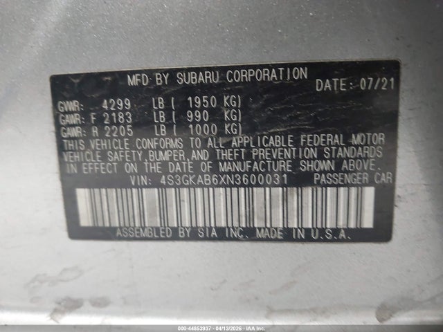 2022 Subaru Impreza Base მანქანა იყიდება აუქციონზე, vin: 4S3GKAB6XN3600031, აუქციონის ნომერი: 44853937