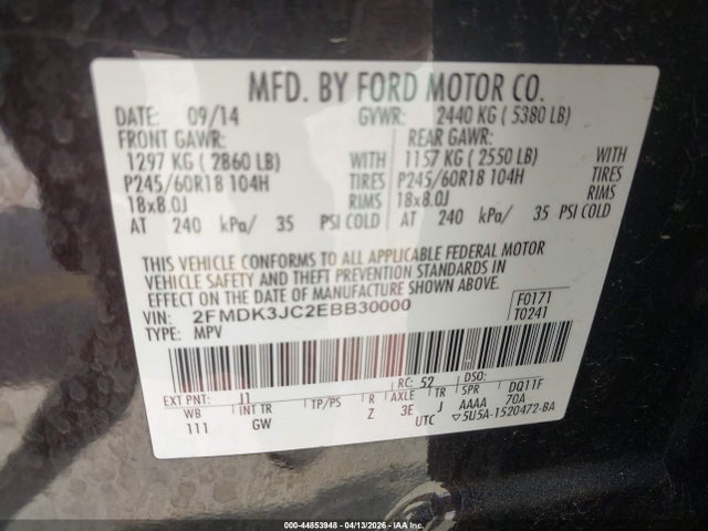 44853948 :رقم المزاد ، 2FMDK3JC2EBB30000 vin ، 2014 Ford Edge Sel مزاد بيع