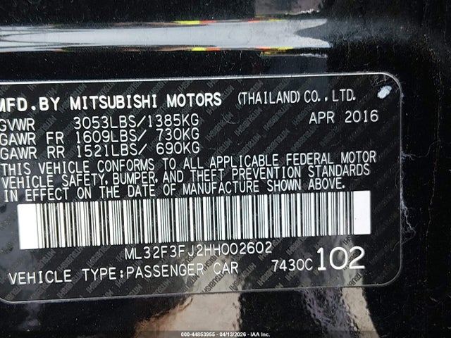 Продаж на аукціоні авто 2017 Mitsubishi Mirage G4 Es, vin: ML32F3FJ2HH002602, номер лоту: 44853955