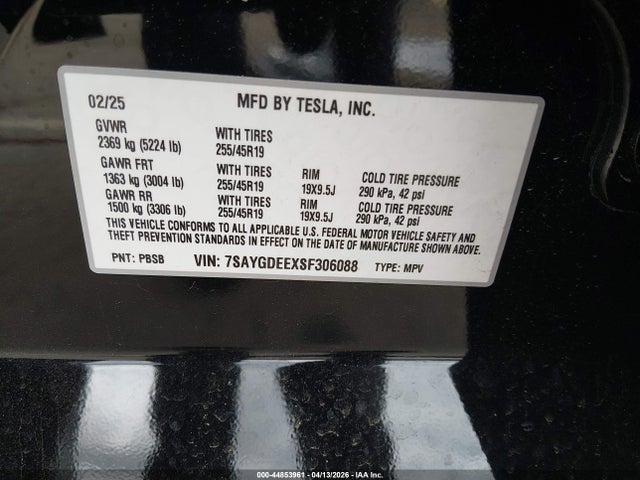 Aukcja sprzedaży 2025 Tesla Model Y Long Range Dual Motor All-wheel Drive, vin: 7SAYGDEEXSF306088, numer aukcji: 44853961