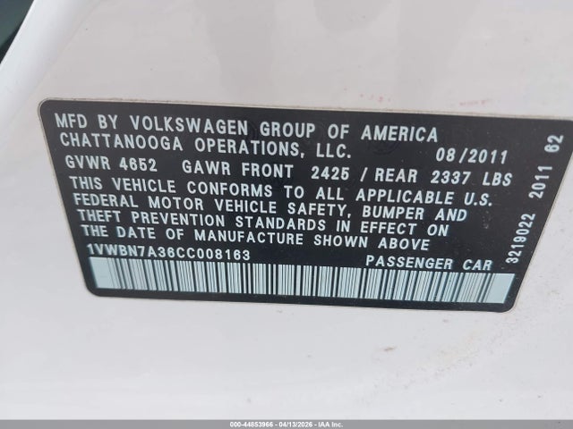 2012 Volkswagen Passat 2.0l Tdi Se მანქანა იყიდება აუქციონზე, vin: 1VWBN7A36CC008163, აუქციონის ნომერი: 44853966
