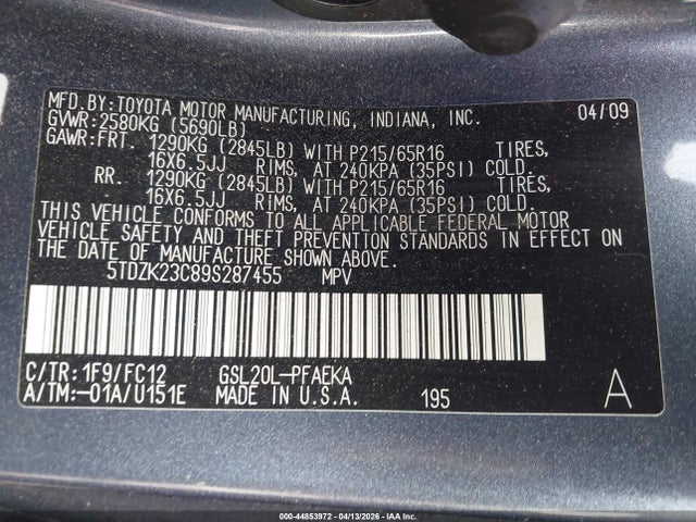 Продажа на аукционе авто 2009 Toyota Sienna Le, vin: 5TDZK23C89S287455, номер лота: 44853972