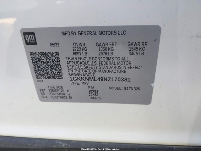 Aukcja sprzedaży 2022 Gmc Acadia Fwd Slt, vin: 1GKKNML49NZ170381, numer aukcji: 44853976