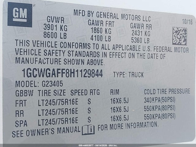 44853977 :رقم المزاد ، 1GCWGAFF8H1129844 vin ، 2017 Chevrolet Express 2500 Work Van مزاد بيع