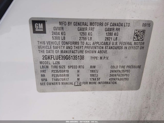 2016 Gmc Terrain Slt მანქანა იყიდება აუქციონზე, vin: 2GKFLUE39G6135138, აუქციონის ნომერი: 44853982