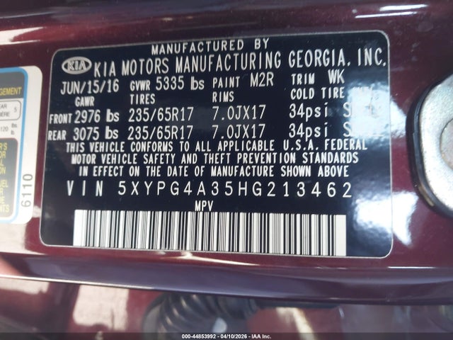 5XYPG4A35HG213462 KIA Sorento 2.4l Lx