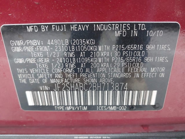 Продаж на аукціоні авто 2011 Subaru Forester 2.5x, vin: JF2SHABC2BH713874, номер лоту: 44853995