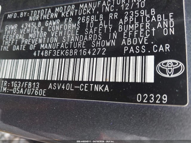 Продажа на аукционе авто 2011 Toyota Camry Le, vin: 4T4BF3EK6BR164272, номер лота: 44854011