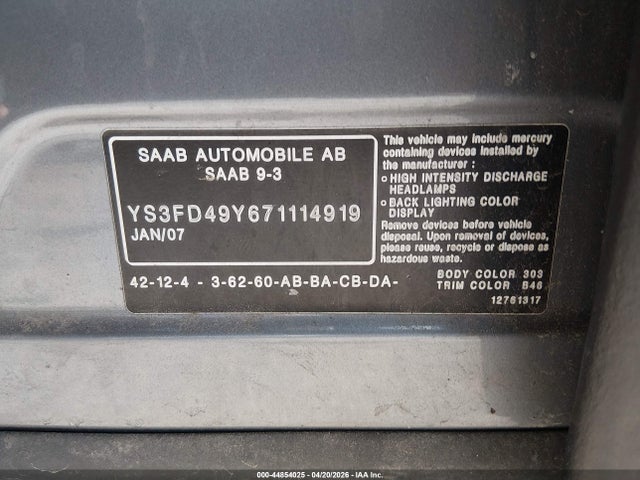 2007 Saab 9-3 2.0t მანქანა იყიდება აუქციონზე, vin: YS3FD49Y671114919, აუქციონის ნომერი: 44854025