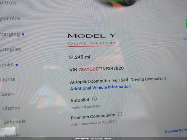 Aukcja sprzedaży 2022 Tesla Model Y Performance Dual Motor All-wheel Drive, vin: 7SAYGDEF1NF347920, numer aukcji: 44854063