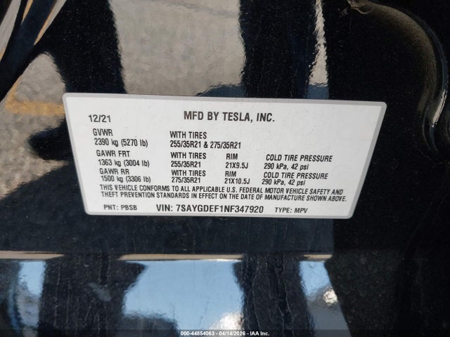 Aukcja sprzedaży 2022 Tesla Model Y Performance Dual Motor All-wheel Drive, vin: 7SAYGDEF1NF347920, numer aukcji: 44854063