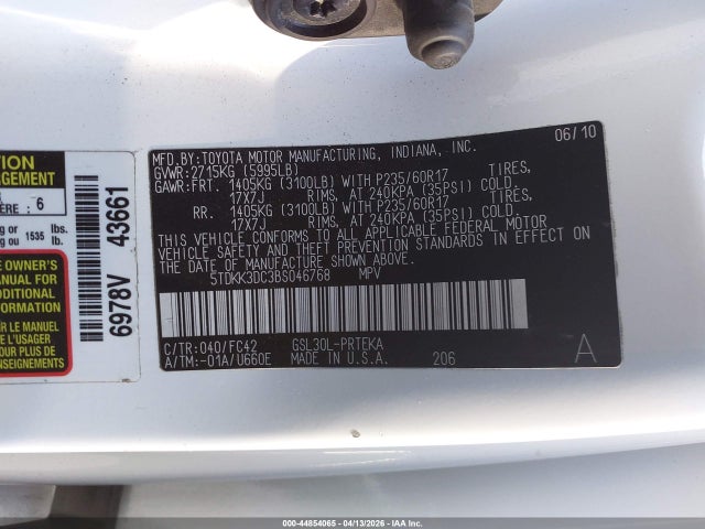 Aukcja sprzedaży 2011 Toyota Sienna Le V6, vin: 5TDKK3DC3BS046768, numer aukcji: 44854065