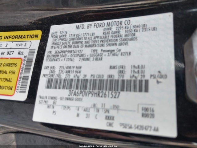 Продажа на аукционе авто 2017 Ford Fusion Sport, vin: 3FA6P0VP9HR261527, номер лота: 44854089