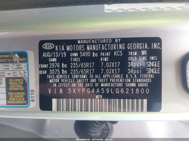 2020 Kia Sorento 3.3l Lx მანქანა იყიდება აუქციონზე, vin: 5XYPG4A59LG621800, აუქციონის ნომერი: 44854102