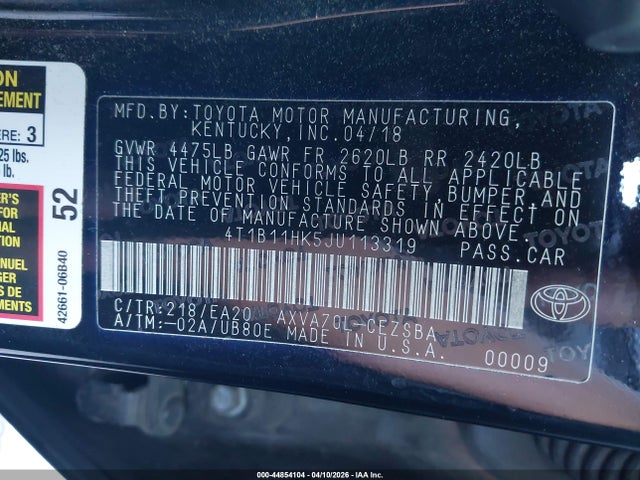 4T1B11HK5JU113319 Toyota CAMRY SE