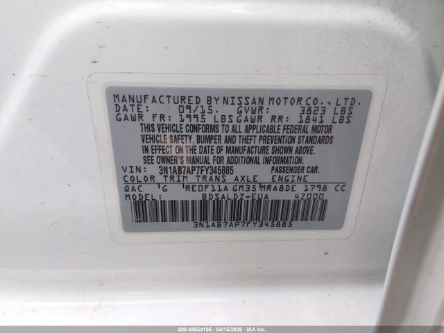 Продаж на аукціоні авто 2015 Nissan Sentra Sv, vin: 3N1AB7AP7FY345885, номер лоту: 44854106
