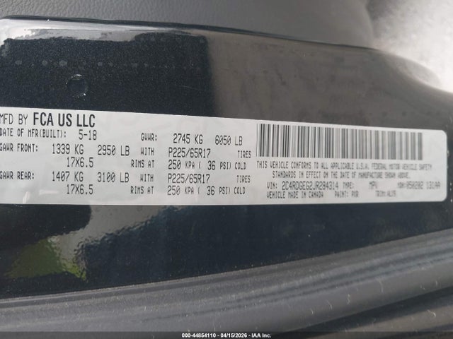 Продаж на аукціоні авто 2018 Dodge Grand Caravan Gt, vin: 2C4RDGEG2JR284314, номер лоту: 44854110