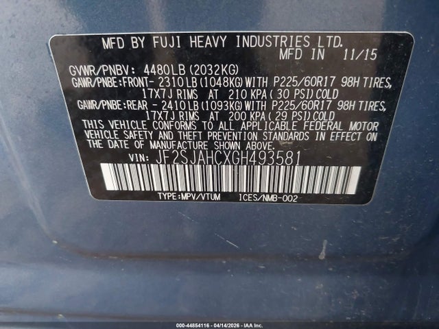 Aukcja sprzedaży 2016 Subaru Forester 2.5i Limited, vin: JF2SJAHCXGH493581, numer aukcji: 44854116